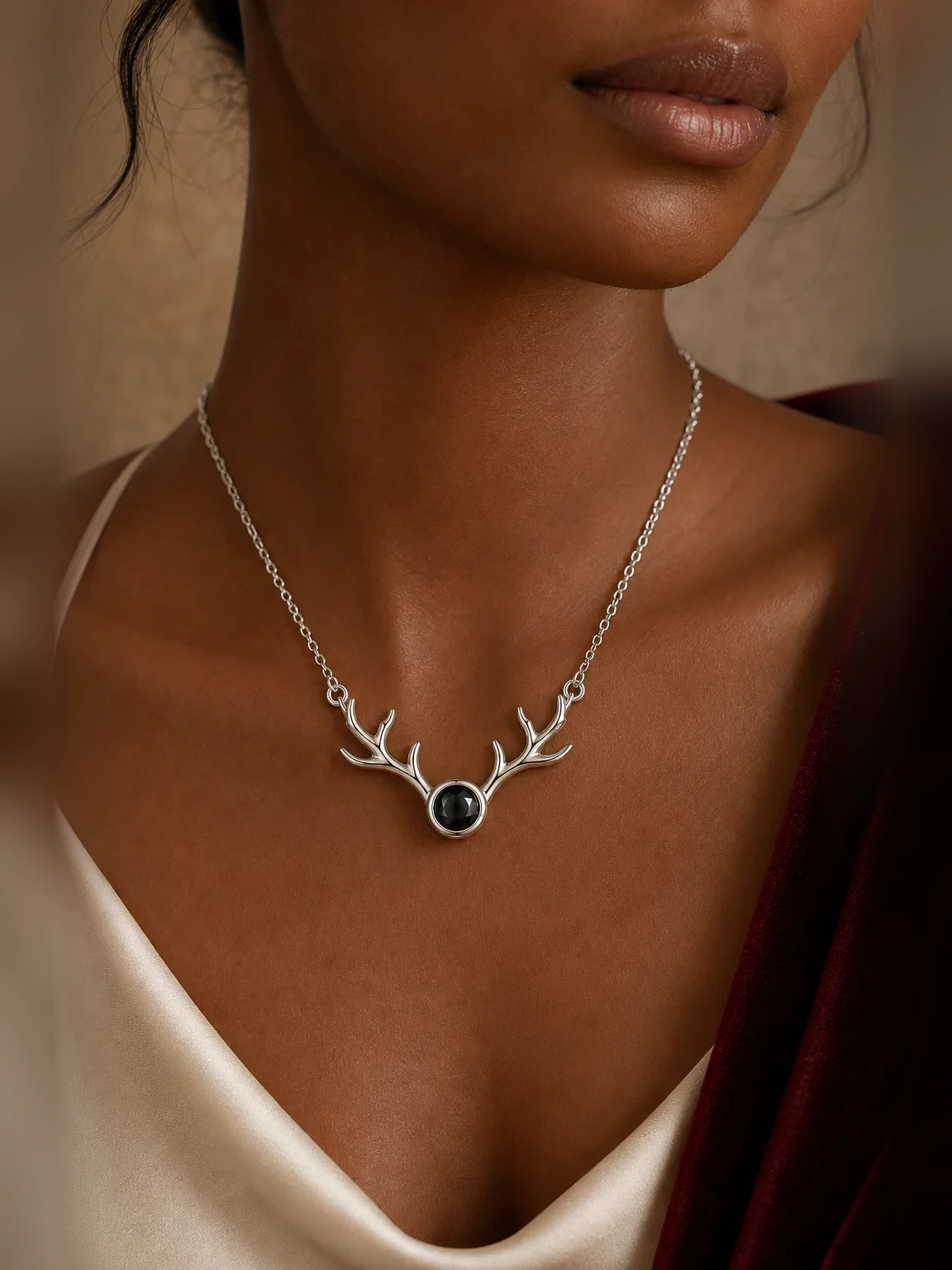 Deer Antler Projection Necklace shown as worn