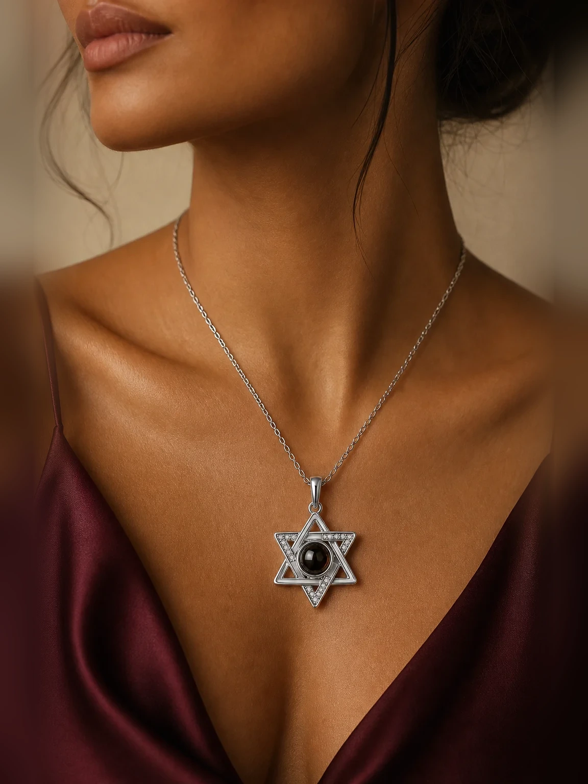 Hexagram Star Projection Necklace shown as worn