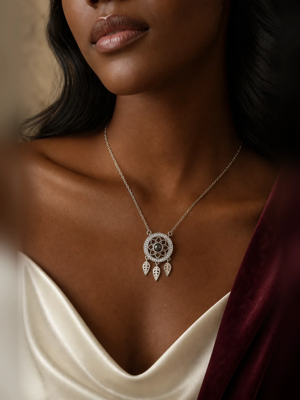 Personalized Dreamcatcher Photo Projection Necklace shown as worn