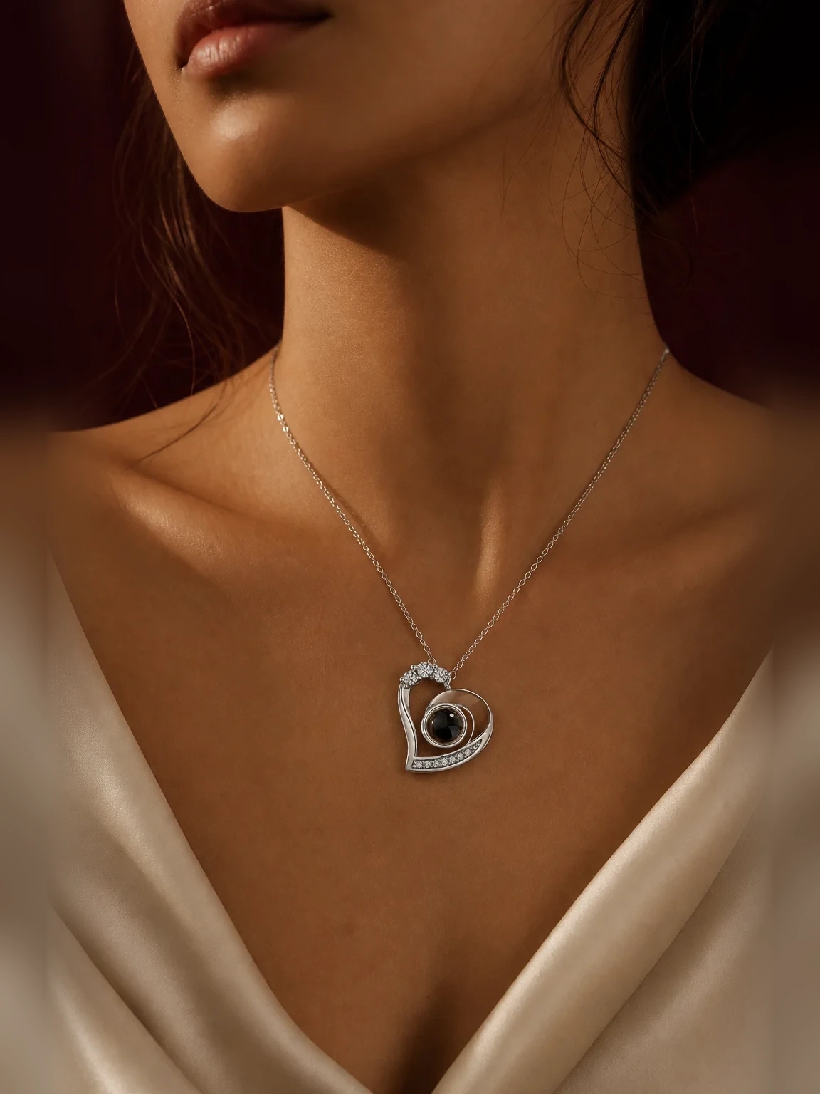 Personalized Irregular Heart Projection Photo Necklace shown as worn