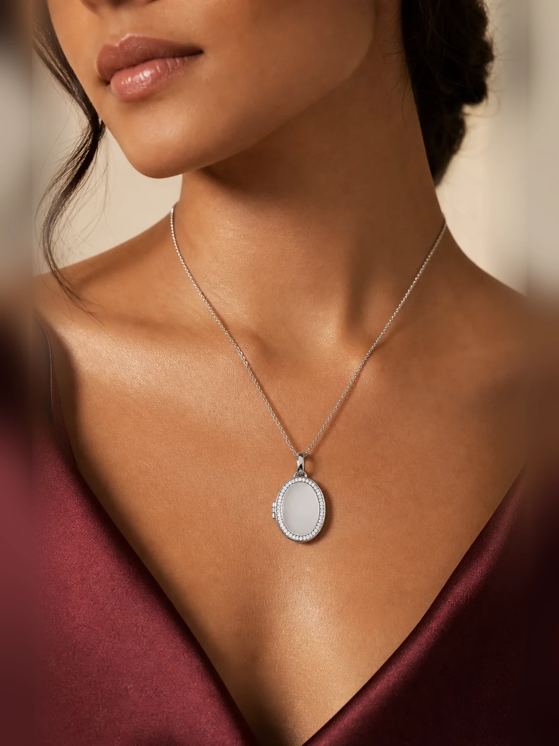 Personalized Oval Locket Necklace shown as worn