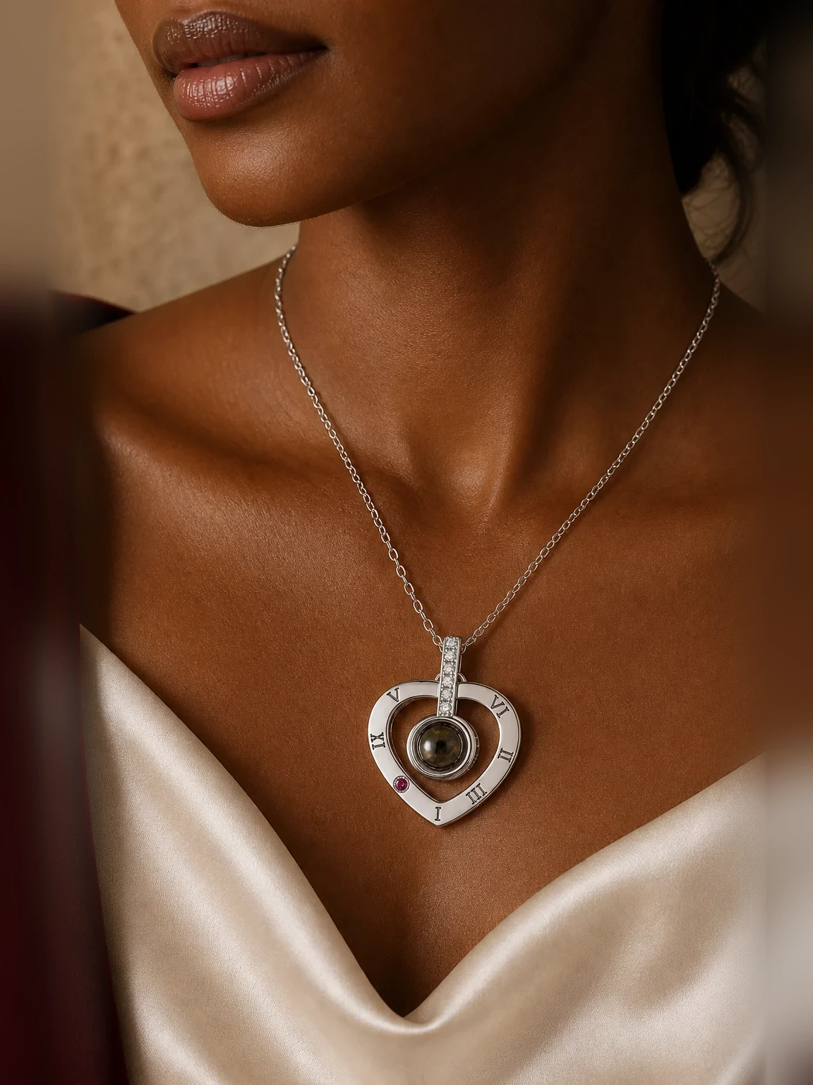 Personalized Roman Heart Photo Projection Necklace shown as worn