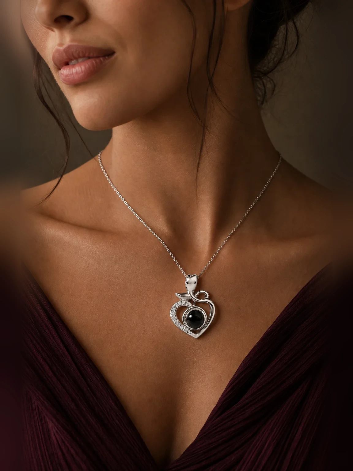 Personalized Tulip Heart Photo Projection Necklace shown as worn