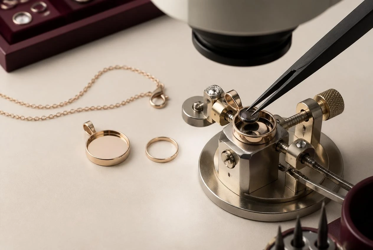 An optical projection lens precisely assembled into a pendant setting under magnification