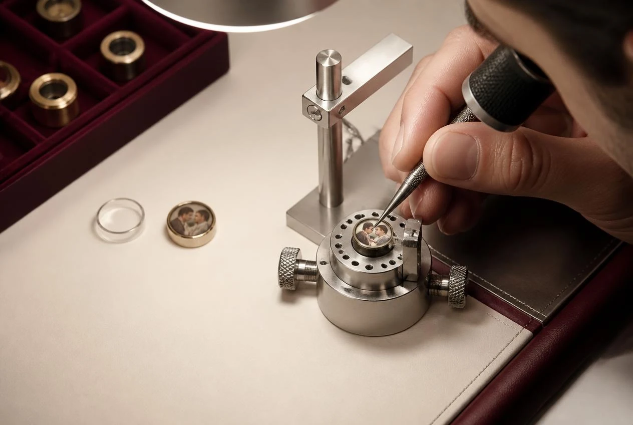 A miniature personalized photo lens inspected with precision jewelry tools