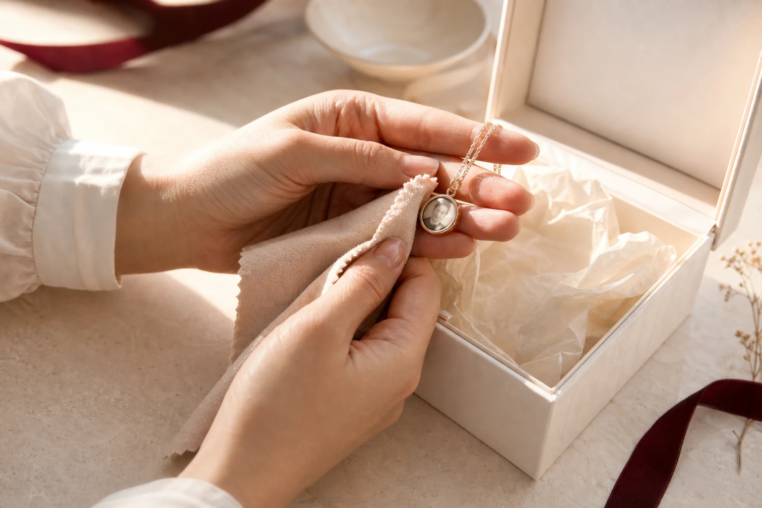 A finished personalized pendant inspected and placed into its jewelry box