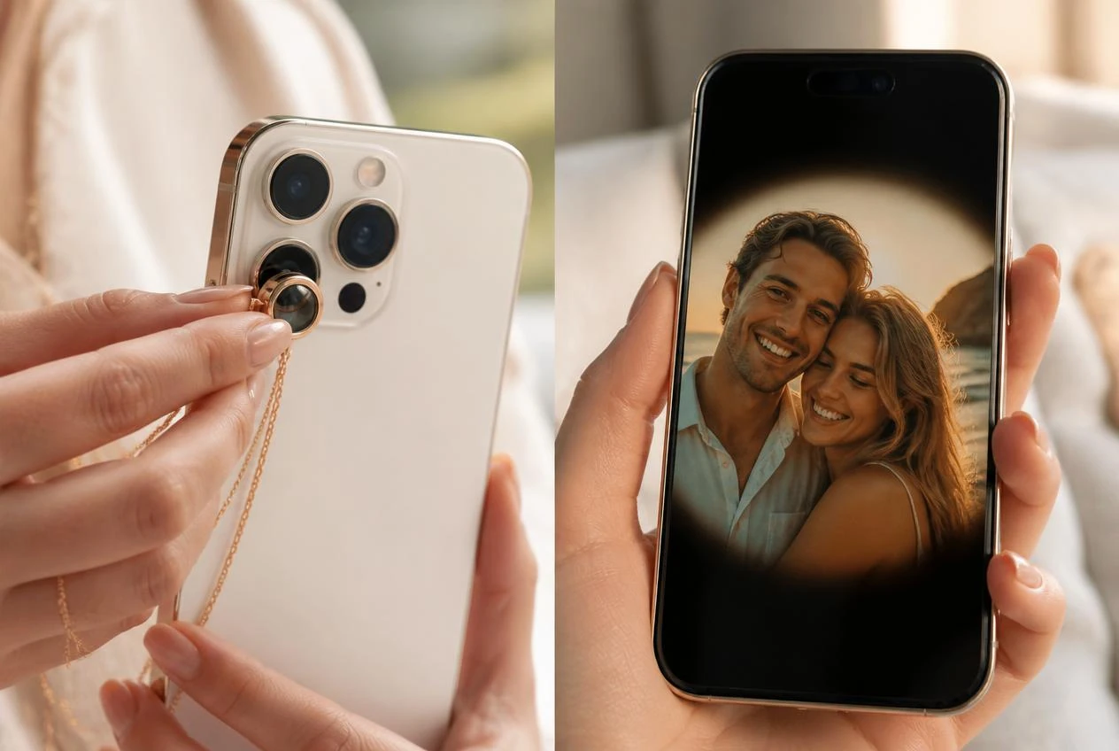 A projection necklace touching a phone rear camera beside the couple photo shown on the phone screen