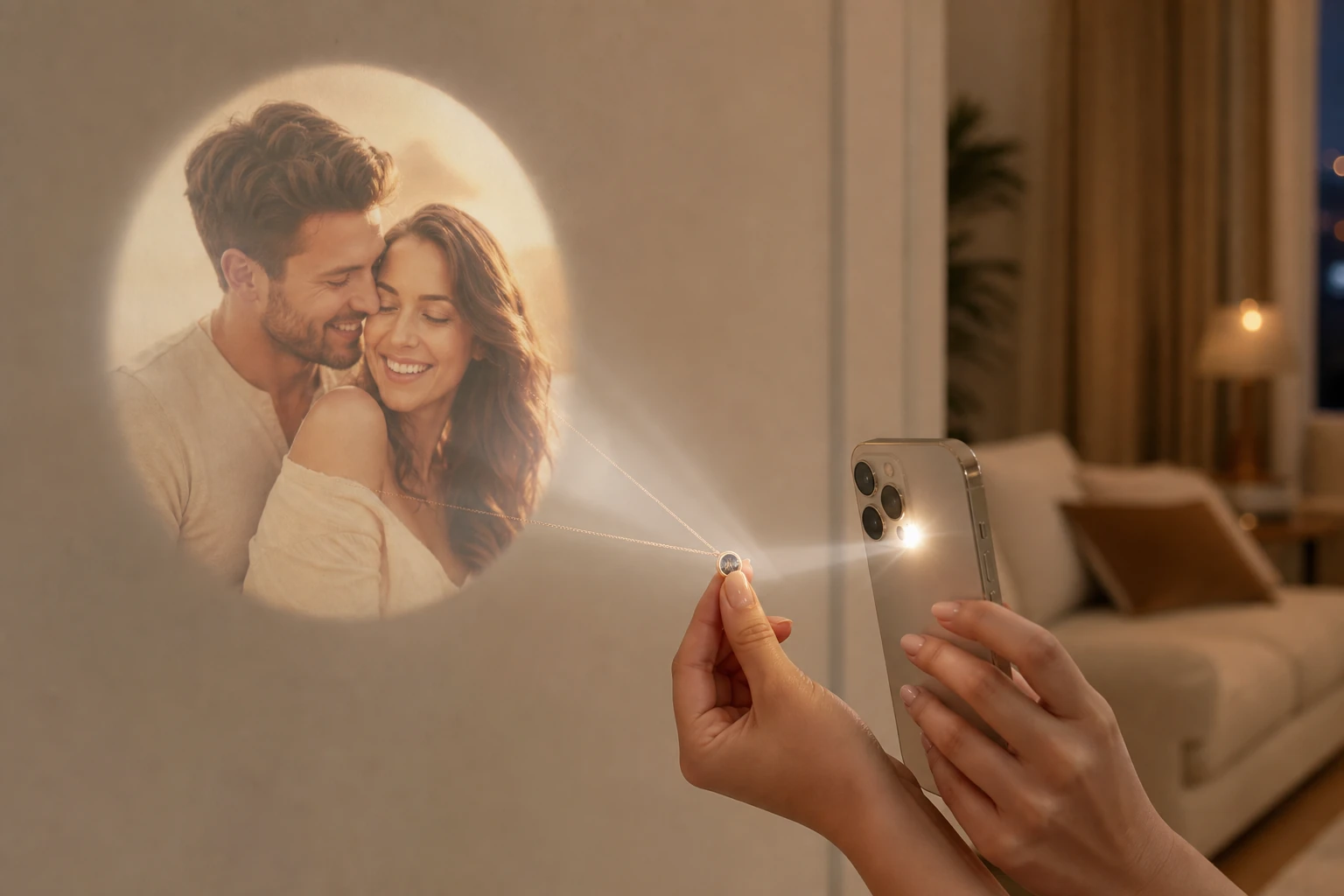 A phone flashlight shining through a projection necklace and casting a couple photo on a wall